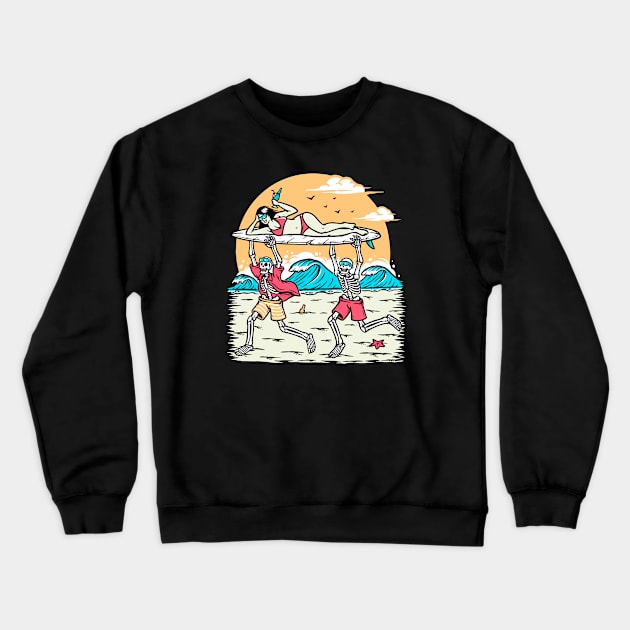 Fun Day at the Beach // Skeletons Carry Bikini Clad Woman on Surfboard Crewneck Sweatshirt by SLAG_Creative